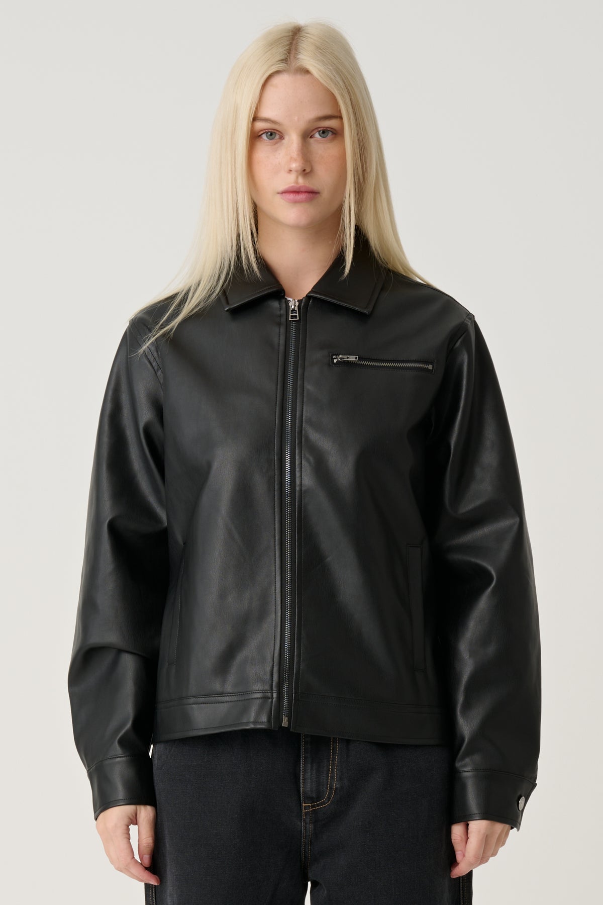 FAUX LEATHER ZIP UP JACKET - Black